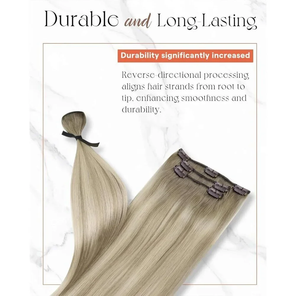 Clip in Hair Extensions Human Hair 16 Inches Straight Ash Blonde Ombre